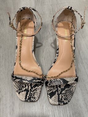 Express Snake-Print Ankle Strap Heels in Black & Cream with Gold Chain